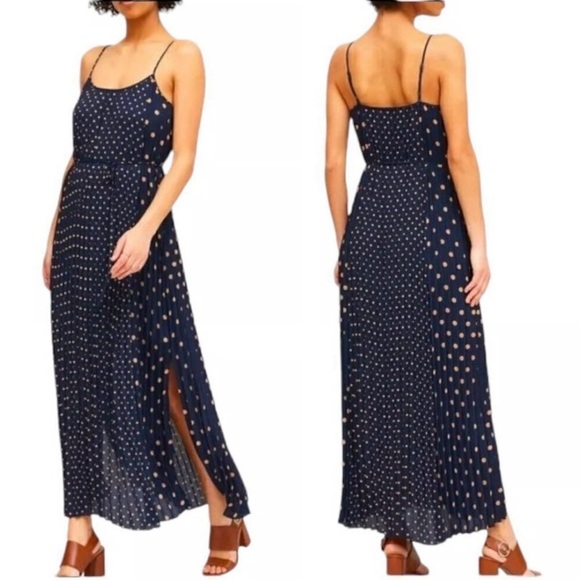 Banana Republic Polka Dot Pleated Maxi Dress in Navy Blue‎ & Beige Size 8 Petite - Picture 1 of 16